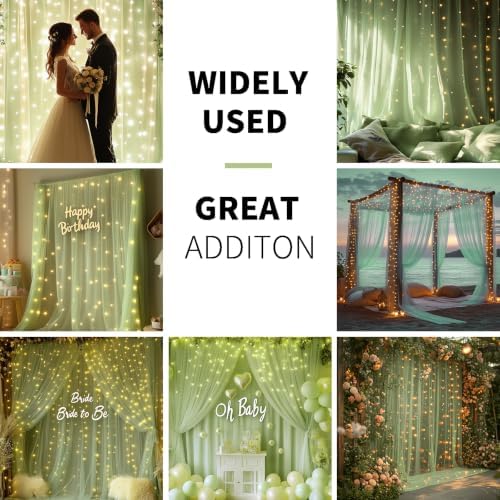 Sage Green Tulle Backdrop Curtain with Lights for Decor, 10x8FT - Image 2