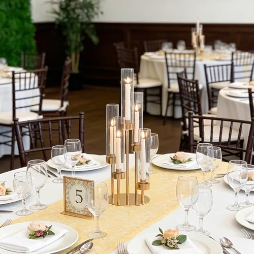 5-Arm Black Metal Table Candelabra Centerpiece, 22" Tall Clear Candlesticks Holder with Shade for Valentines Day Events Party Table Centerpiece,Fit LED Candles (4, Gold, S-22in) - Image 6