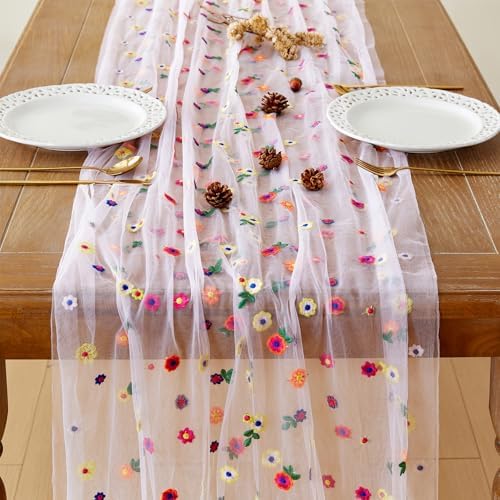 JIALE Pink Floral Table Runner, Embroidery Daisy Seasonal Table Decorations, 120Inch 10FT Tulle Fabric for Home Decor, Bridal Shower Wedding, Baby Shower Parties, DIY Craft - Image 3