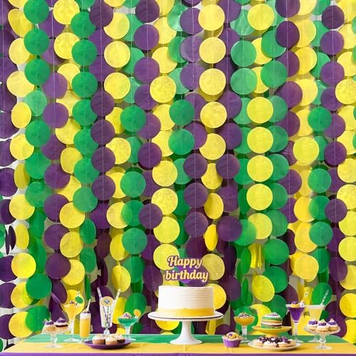 205 Ft Mardi Gras Party Decorations Purple Green Yellow Circle Dot Backdrop Garland Tissue Paper Polka Dots Hanging Streamer for Mardi Gras Birthday Wedding Baby Shower Masquerade Party Supplies - Image 6