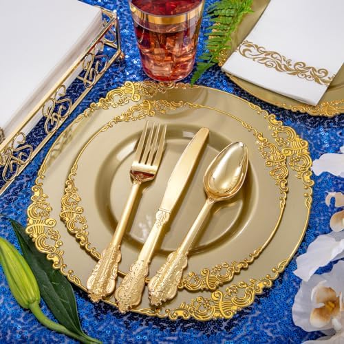 Morejoy 175PCS Solid Gold Plastic Plates with Gold Rim,Dinnerware plate Set - Image 6