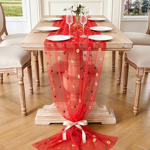 BINBE 6pcs Daisy Spring Table Runner Embroidery Gauze 10FT Florals Seasonal Tulle Holiday Birthday Kitchen Dining Table Decor for Home Party Red - Image 2