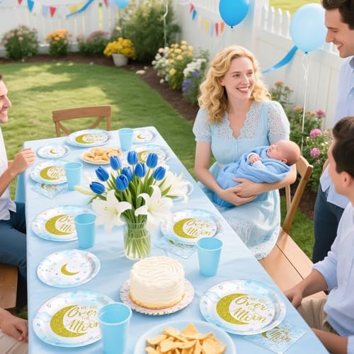Grencian 96 Pcs Over The Moon Baby Shower Disposable Paper Plates Napkins - Image 3