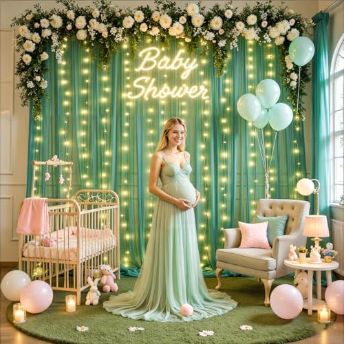 10ft x 8ft Hunter Green Tulle Photo Backdrop Curtain with Lights String for Christmas Party Sheer Curtain Backdrop Drapes for Birthday Party Holiday Wedding Photo Booth Background Room Decorations - Image 4