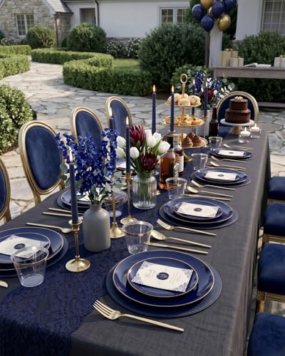 bUCLA 150PCS Blue and Gold Plastic Plates - 25 Guests Navy Blue Plastic Dinnerware Disposable for Party & 4th of July - Include 25 Dinner/Dessert Plates, 25 Knives, 25 Forks, 25 Spoons, 25 Cups - Image 5