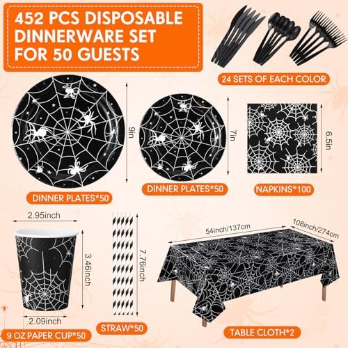 Funnymoom 452 Pcs Halloween Spiderweb Party Supplies Tableware for 50 Guests Include 7&9 Inch Black Spider Web Paper Plates Napkins Cups Tablecloth Cutlery Straws for Spiderweb Birthday Party Decor - Image 2
