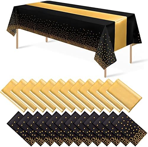 24Pack Disposable Plastic Tablecloths and Satin Table Runner Set Black Gold Dot Table Cloth Gold Satin Table Runner for Graduation Wedding Birthday Baby Shower Anniversary Holiday Party Decorations by MASHAN