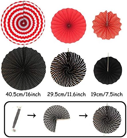 ZERODECO Party Decoration, 21 Pcs Black and Red Hanging Paper Fans Pom Poms Flowers, Garlands String Polka Dot and Triangle Bunting Flags for Minnie Mouse Birthday Parties Baby Showers Wedding - Image 2