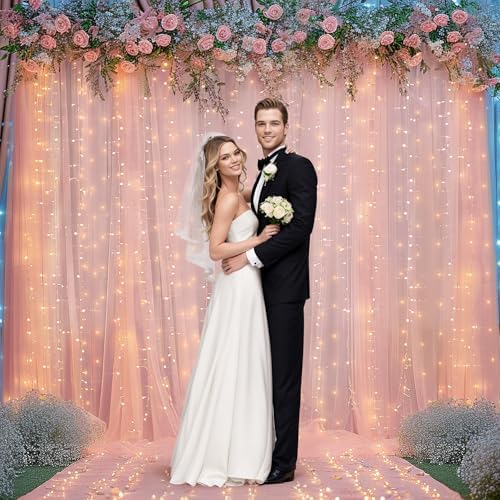 20x10ft Peach Tulle Backdrop Curtain with Lights String for Parites, Sheer Backdrop Curtains for Wedding Baby Shower Birthday Party Photo Shoot Decorations - Image 5
