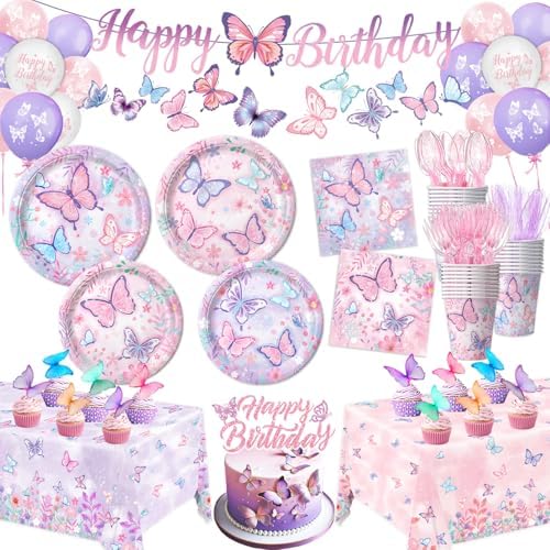 Butterfly Birthday Decorations, Girls Birthday Supplies - Plates, Napkins, Cups, Cutlery, Cake & Cupcake Toppers, Banner, Hanging Swirls, Tablecloth, Balloons for Butterfly Party Decorations, Serve 20 by LINHAXM