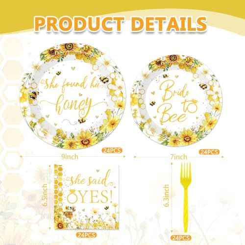 96 Pcs Bride to Bee Bridal Shower Tableware Set, Sunflower Honey Theme Party Supplies with Plates Napkins Forks, She Found Her Honey Engagement Bachelorette Party Decorations for 24 Guests - Image 2