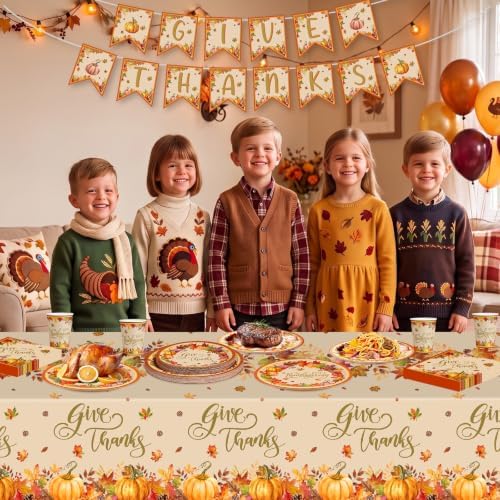 82 Pcs Thanksgiving Paper Plates and Napkins Set - Disposable Gives Thanks Fall Leaf Pumpkin Tableware with Cups Banner Tablecloth for Harvest Thanksgiving Party Decorations Supplies, Serves 20 - Image 2
