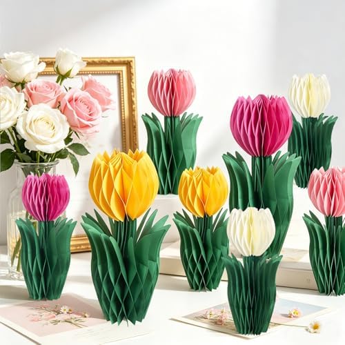 SUNBEAUTY 8 PCS Flower Honeycomb Decor Tulips Table Centerpieces Spring Decoration for Home Office Paper Flower Tulip Honeycomb Decor for Garden Party, Mother's Day Decoration by SUNBEAUTY