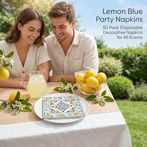 50PCS Tiles Lemons Napkins 13 x 13 Inches, Blue Yellow Citrus Decorative Paper Napkins Luncheon Dessert Cocktail Napkins Disposable for Spring Summer Picnic Wedding Birthday Decorations (Lemon) - Image 7