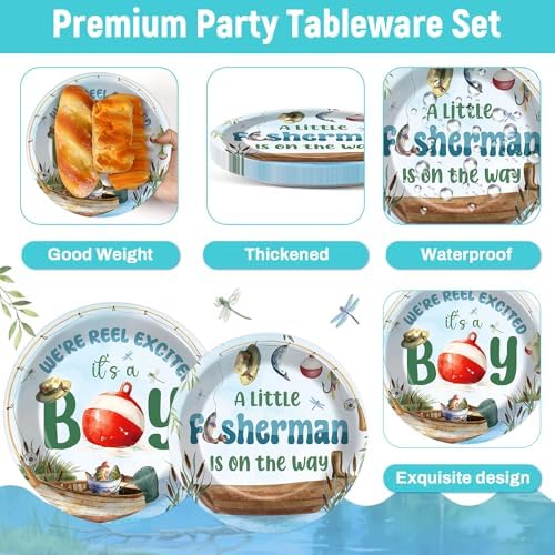 96Pcs A Little Fisherman Is On The Way Plates and Napkins Baby Shower Party Decorations Gone Fishing Dessert Disposable Plates It's A Boy Tableware Set for 24 Guests Baby Boy Birthday Party Supplies - Image 3