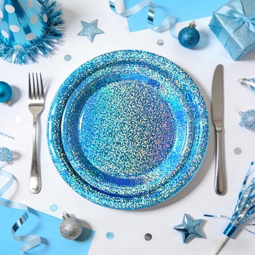 Light Blue Iridescent Party Plates & Napkins, 75 Pcs Decoration Tableware - Image 5