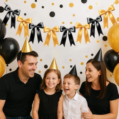 2 Strings of 16PCS Black&Gold Bow Garlands Banner Decoration,Pre-Strung Satin Ribbon Ornaments for Birthday,Bachelorette Party,Bridal Shower,Wedding,Engagement,Baby Shower,Graduation Decor,Anniversary - Image 4