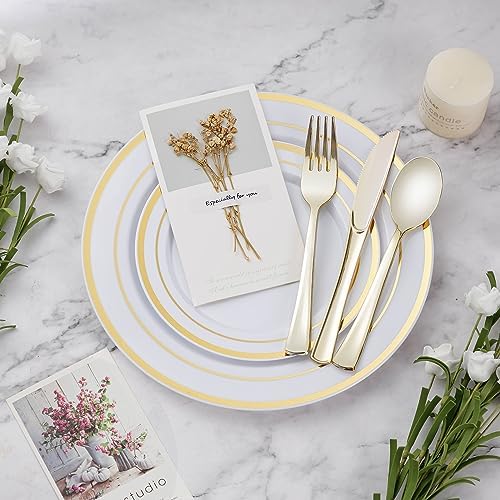 BESTVIP 600PCS Gold Dinnerware Set for 100 Guests, Plastic Plates for Party, 100 Gold Disposable Plates, 100 Dessert Plates, 100 Cups, 100 Spoons, 100 Forks and 100 Knives (Pack of 3) - Image 5