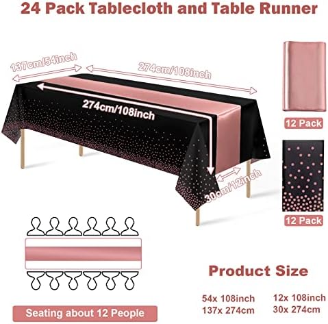 24Pack Disposable Plastic Tablecloth and Satin Table Runner Black and Rose Gold Dot Tablecloth Rose Gold Satin Table Runner for Wedding Birthday Baby Shower Anniversary Christmas New Year Party Supply - Image 2