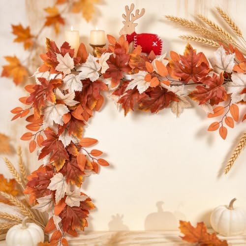 DearHouse Fall Garland Maple Leaf, Orange&White, 5.9Ft/Piec Artificial Autumn Foliage Garland Thanksgiving Decor,2 Pack - Image 7
