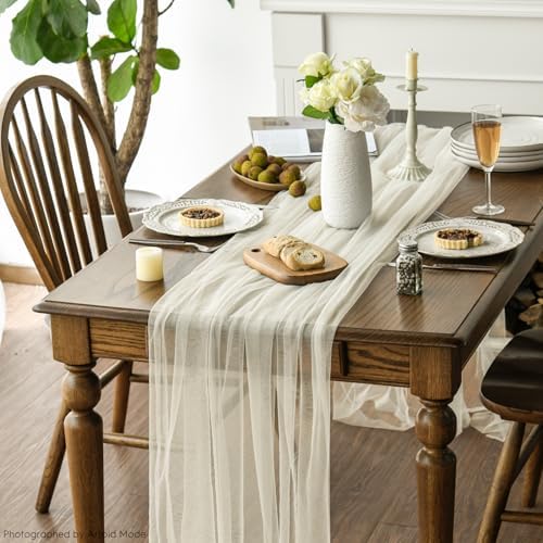 Artoid Mode 3PCS Beige Gauze Table Runner 120 Inch 10FT, Seasonal Sheer Kitchen Dining Holiday Wedding Birthday Baby Shower Table Decor for Home Party - Image 5