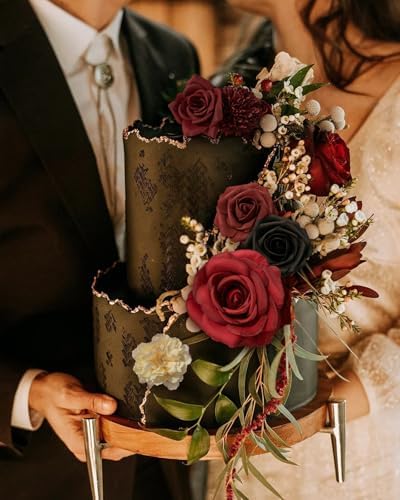 FACINOC Roses Artificial Flowers Burgundy Black Fake Flower Bulk with Stems - Image 2