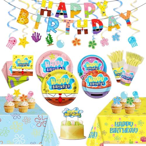 Yellow Cartoon Party Supplies Ocean Tableware Set for 20 Guests With Plates, Cups, Napkins, Banner, Tablecloth, Cake Toppers & Hanging Swirls for Kids Birthday Party Decorations by XuexiceiliPartySupplies