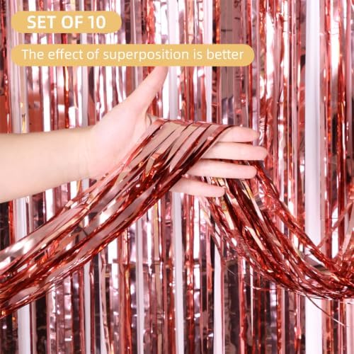 10 Pack Rose Gold Foil Curtain Backdrop 3.2ft x 9.8ft Metallic Tinsel Foil Fringe Curtains Streamer Photo Booth Backdrop for Birthday Party Halloween Christmas New Year Party Supply - Image 2
