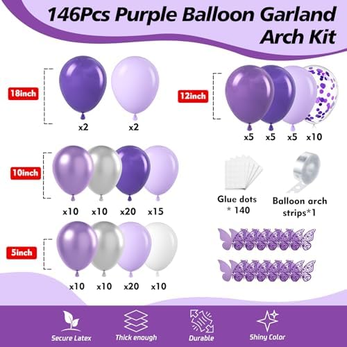 146Pcs Purple Balloons Garland Arch Kit - 5 10 12 18 inch Lavender Dark Purple Metallic Latex Balloons for Butterfly Baby Shower Birthday Wedding Princess Party Decorations - Image 2