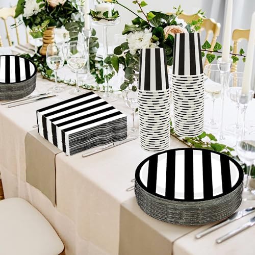 Serve25 175Pcs Black & White Striped Party Supplies - 9" & 7" Striped Paper Plates, Napkins, Cups, Cutlery for Black & White Birthday Party Decorations - Image 6