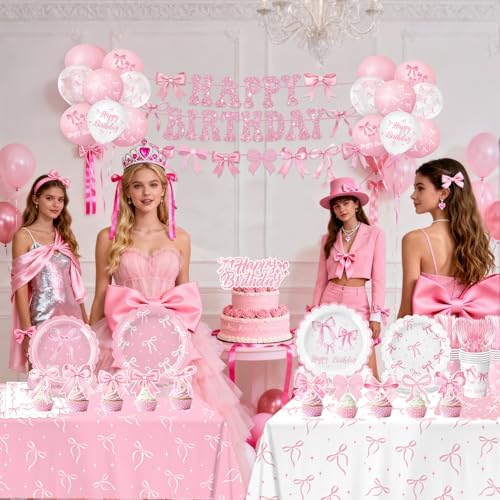 Pink Bow Birthday Decorations Include Plates, Napkins, Cups, Cutlery, Banner, Hanging Swirls, Cake & Cupcake Toppers, Balloons, Tablecloths for Coquette Birthday Decorations, Serves 20 - Image 7