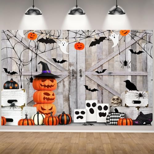 Rustic Halloween Backdrop Vintage Wood Barn Door Pumpkins Lanterns Ghost Bat Skull Background for Halloween Party Decorations Horror Photography Studio Banner Photo Booth Props 12x10ft by CRTPODHomeDecor