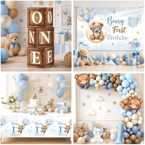 Beary First Birthday Decorations,Teddy Bear Birthday Decorations Set for First Birthday Theme Boy With Backdrop, Balloons, One High Chair Banner,Plates,Napkins,Cake Toppers,272pcs - Image 5