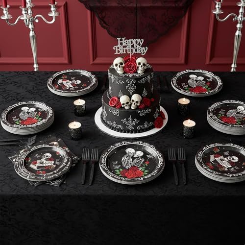 96Pcs Dark Romance Book Lover Skull Rose Black Gothic Party Plates Supplies Tableware Decorations Disposable Paper Plates Napkins Forks for Birthday, Serves 24 - Image 5