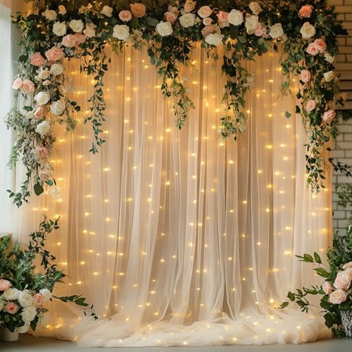 Tulle Curtain Backdrop with 300 LED Fairy Lights for Parities Wrinkle-Free Sheer Curtain Drapes Photo Back Drop for Wedding Baby Shower Bridal Shower Birthday Home Décor-10ft×10ft, Champagne by HOLITS