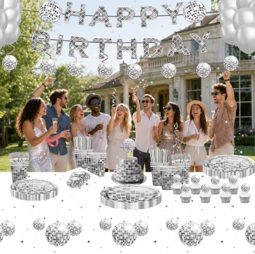 155PCS Disco Party Decorations Black Silver Disco Paper Plates Napkins Banner Tablecloth And Balloons Dessert Tableware Set Hip Hop Birthday Party SuppliesTableware 20 Guests - Image 7