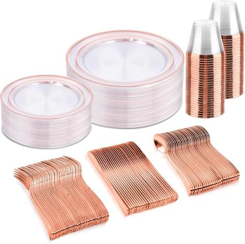 bUCLA 150PCS Clear Rose Gold Disposable Dinnerware set - Rose Gold Plastic Plates Include 25 Dinner / 25 Dessert Plates, 25 Knives, 25 Forks, 25 Spoons, 25 Cups for Party & Wedding by BUCLA