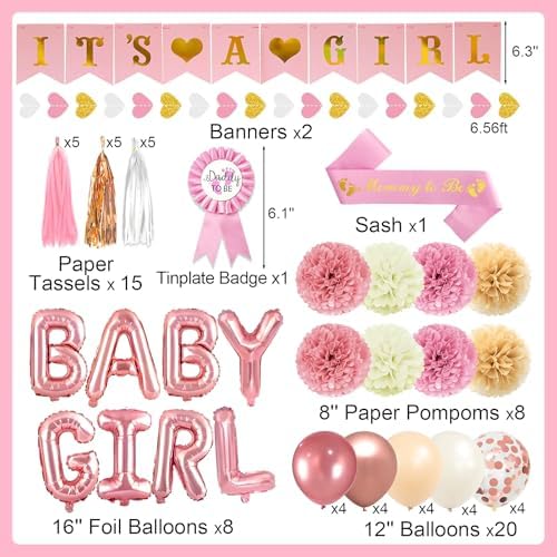 Pink Baby Shower Decorations for Girl Set with Its a Girl Banner Baby Girl Letter Foil Balloons Mom to Be Sash Dad to Be Pin Paper Pom Poms for Gender Reveal Decorations - Image 2