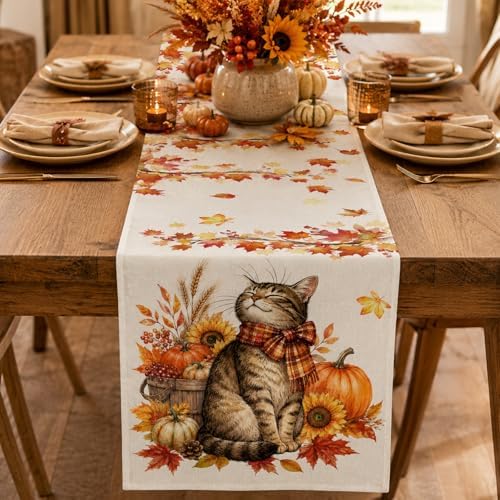 Fall Table Runner Pumpkins Cat Maple Leaf Autumn Harvest Seasonal Thanksgiving Decorations for Home Kitchen Dining Room Party Decor，13x60inch - Image 2