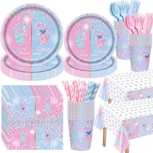 Funnymoom 452 Pcs Gender Reveal Party Decoration for 50 Guests, Boy or Girl Paper Plates and Napkins Cups Tablecloth Cutlery Disposable Tableware Set for Gender Reveal Party Supplies by Funnymoom