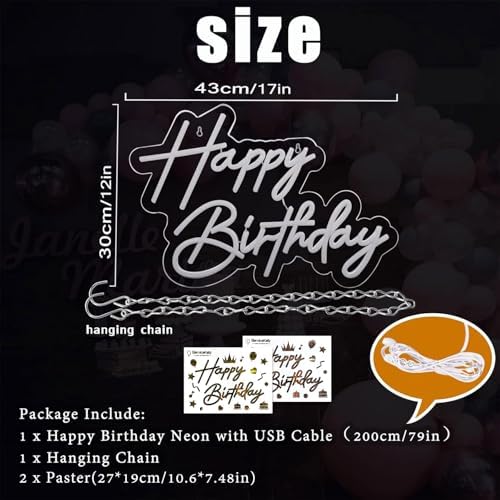 Happy Birthday Neon Sign for Wall Decor 17×12 Inch White Led Neon Light - Image 3