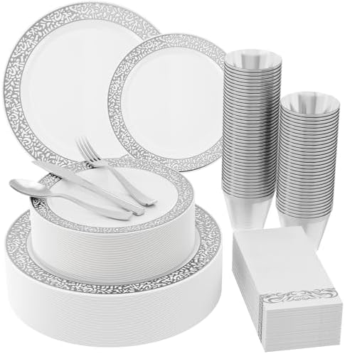 210 PCS Plastic Plates Set With Silver Rim Dinnerware Set for 30 Guests by JOLLYCHEF