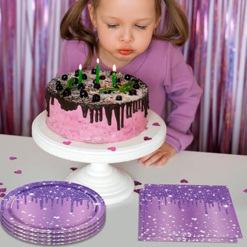 40 PCS Purple Birthday Decorations - Includes 20 Paper Plates and 20 Napkins Purple Silver Glitter Party Supplies for Girl Women’s 21st 30th 40th 50th 60th 70th 75th 80th Birthday,Serves 20 - Image 6