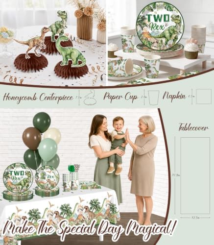 286 pcs Two Rex Birthday Decorations Boy, All-in-One Dinosaur 2nd Birthday Decorations Set for 25 Guests with Balloon Arch, Candle, Banner, Tablecloth, Backdrop, Cupcake Toppers, Thick Plates - Image 4