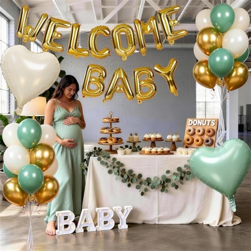 Sage Green Gold Baby Shower Decorations, WELCOME BABY Letter Foil Balloons Banner Backdrop Set with Olive Green Beige Apricot Latex & Heart Balloon for Newborn Infant Babyboy Babygirl Party Decor - Image 4