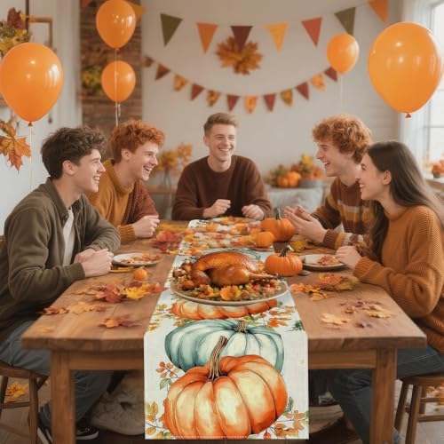 13x72 Inch Fall Table Runner - Vintage Fall Harvest Theme with Pumpkins Mushrooms Birdhouse, Seasonal Indoor Outdoor Home Party Kitchen Dining Decor by YOPINCO