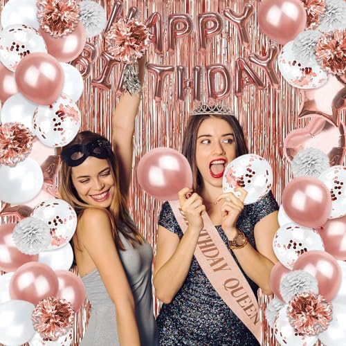 Guudmua 285 Pcs Rose Gold Party Decorations, Birthday Decorations For Women Or Girl - Knives, Forks and Spoons, Tiara, Butterfly, Sash, Paper Pom Poms, Balloon Stand, Tableware For 25 Guests - Image 6