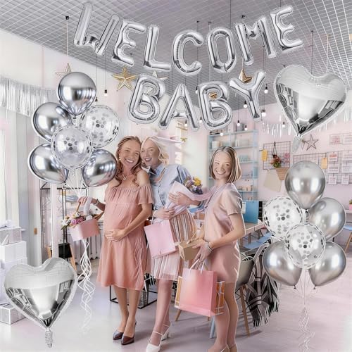 Metallic Silver Baby Shower Decorations Balloons, WELCOME BABY Letter Foil Balloons Banner Backdrop with Chrome Silver Confetti Latex & Heart Balloon for Newborn Infant Babyboy Babygirl Party Decor - Image 7