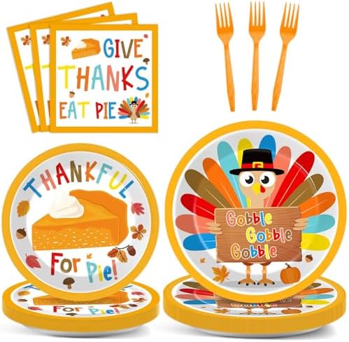96Pcs Thanksgiving Party Plates and Napkins for Turkey Party Supplies Gobble Give Thanks Pie Disposable Tableware Set for Kids 24 Guests Dessert Dinnerware Autumn Party Decorations by CHUNNIN