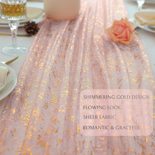 10Pcs Blush Pink Gold Table Runner 10ft Metallic Foil Glittery Sheer Gauze - Image 3
